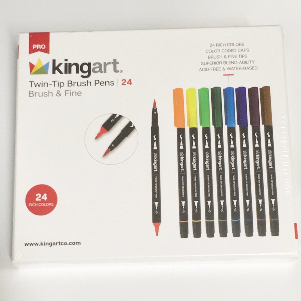 kingart Pro Twin-Tip Brush Pens 24 Rich Colors Brush & Fine